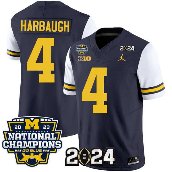 Mens Michigan Wolverines #4 Jim Harbaugh Navy White 2024 F.U.S.E. With 2023 National Champions Patch Stitched Jersey->->NCAA Jersey